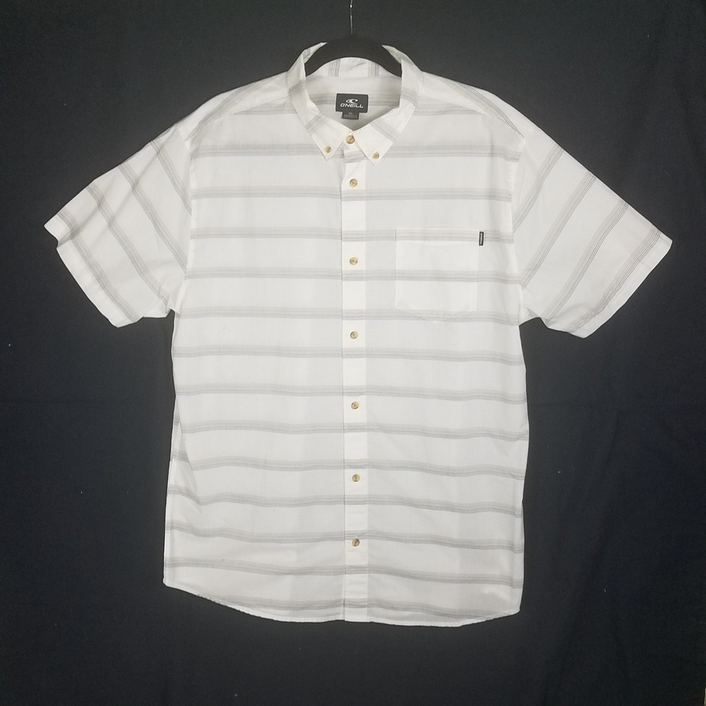 O'Neill Button Up Shirt Men XL White Striped Excellent Short Sleeve Standard Fit